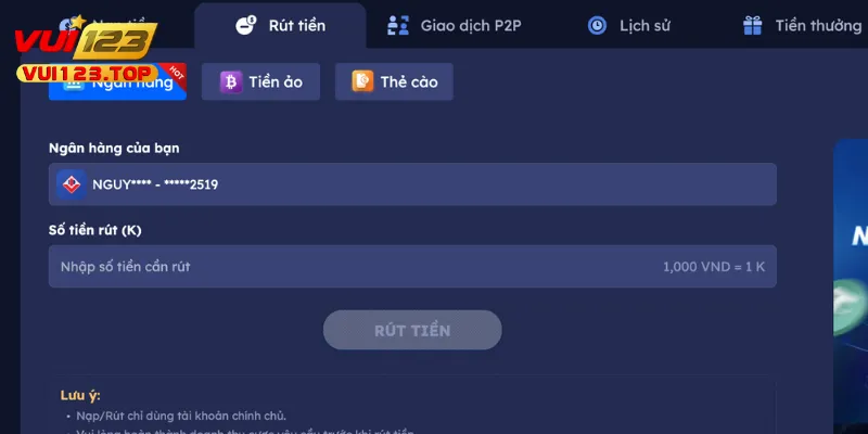Trang chủ 12 Hướng dẫn thao tác rút tiền Vui123 thành công